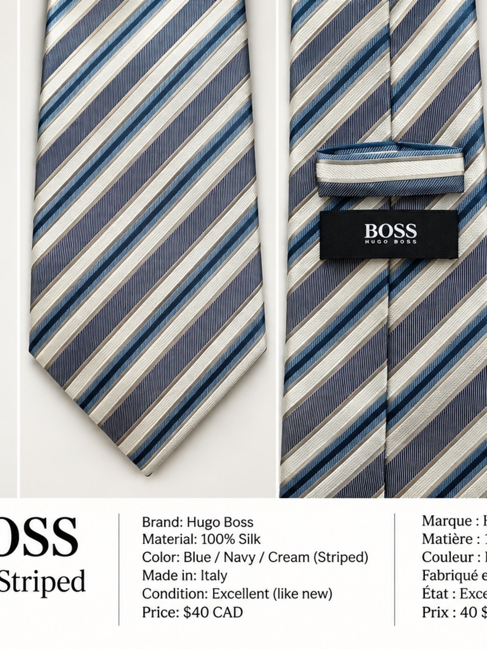 Hugo Boss Navy, Blue and Cream Diagonal Stripe Silk Tie